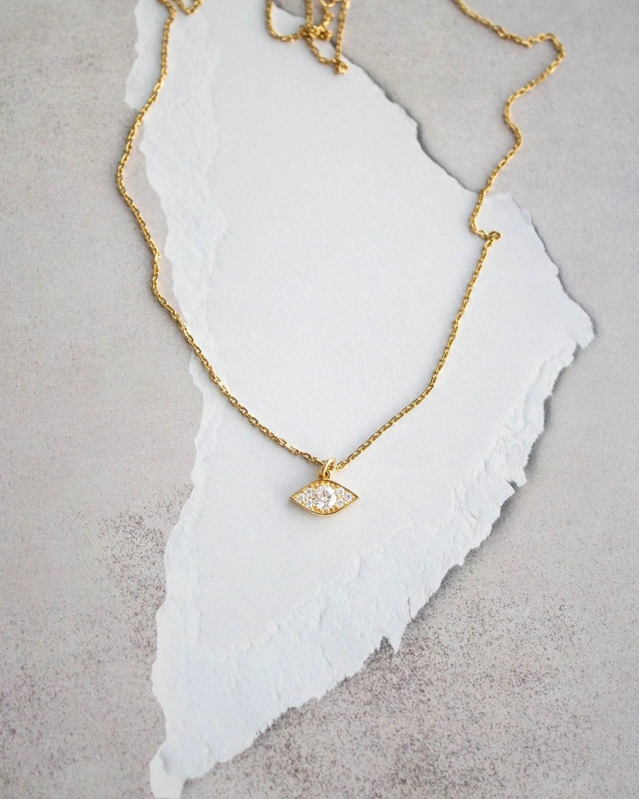 Waterproof - Gold Evil Eye Necklace - 18K Gold Vermeil - Minimalist Necklace - Evil Eye Pendant - White CZ - Layering Necklace - Stacking