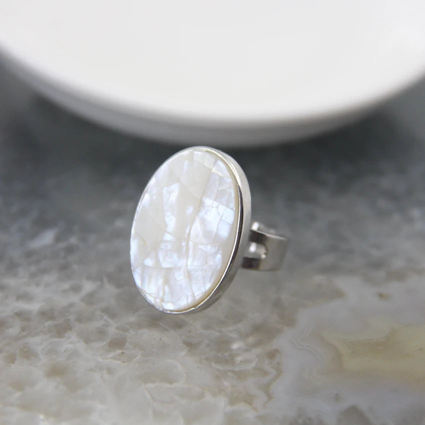 Natural Beautiful Abalone Shell Adjustable Rings, Pearl Classic round Shape Rings,Finger Rings Reiki Heal Geode Rings Jewelry