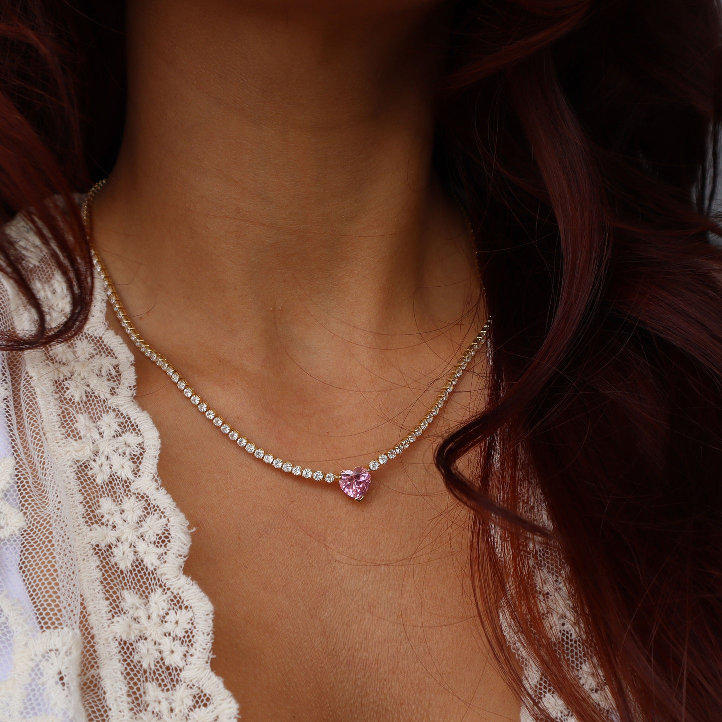 Coquette Pink Heart Necklace: 14K Gold Plated Cubic Zirconia