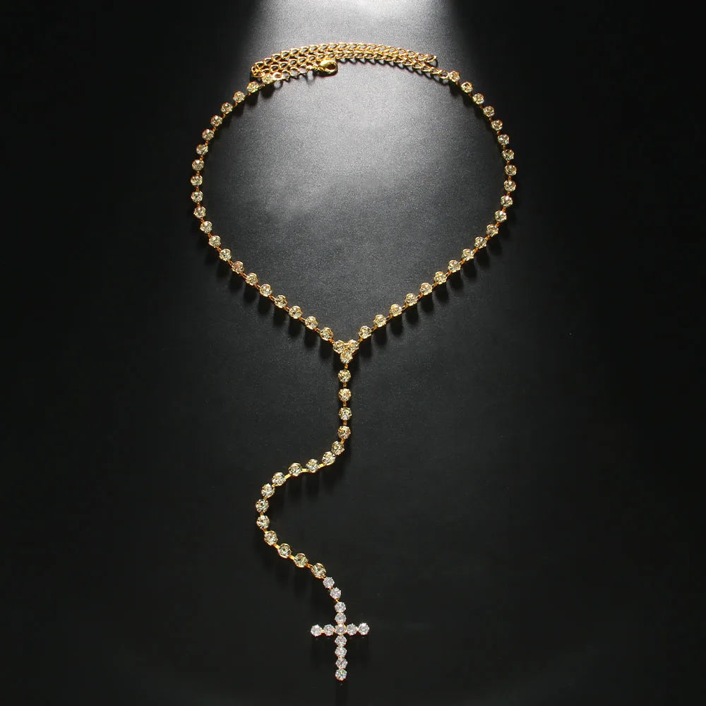 Bling Rhinestone Big Cross Pendant Choker Necklace Dinner Jewelry for Women Crystal Charm Y Shape Necklace Collar Body Jewelry