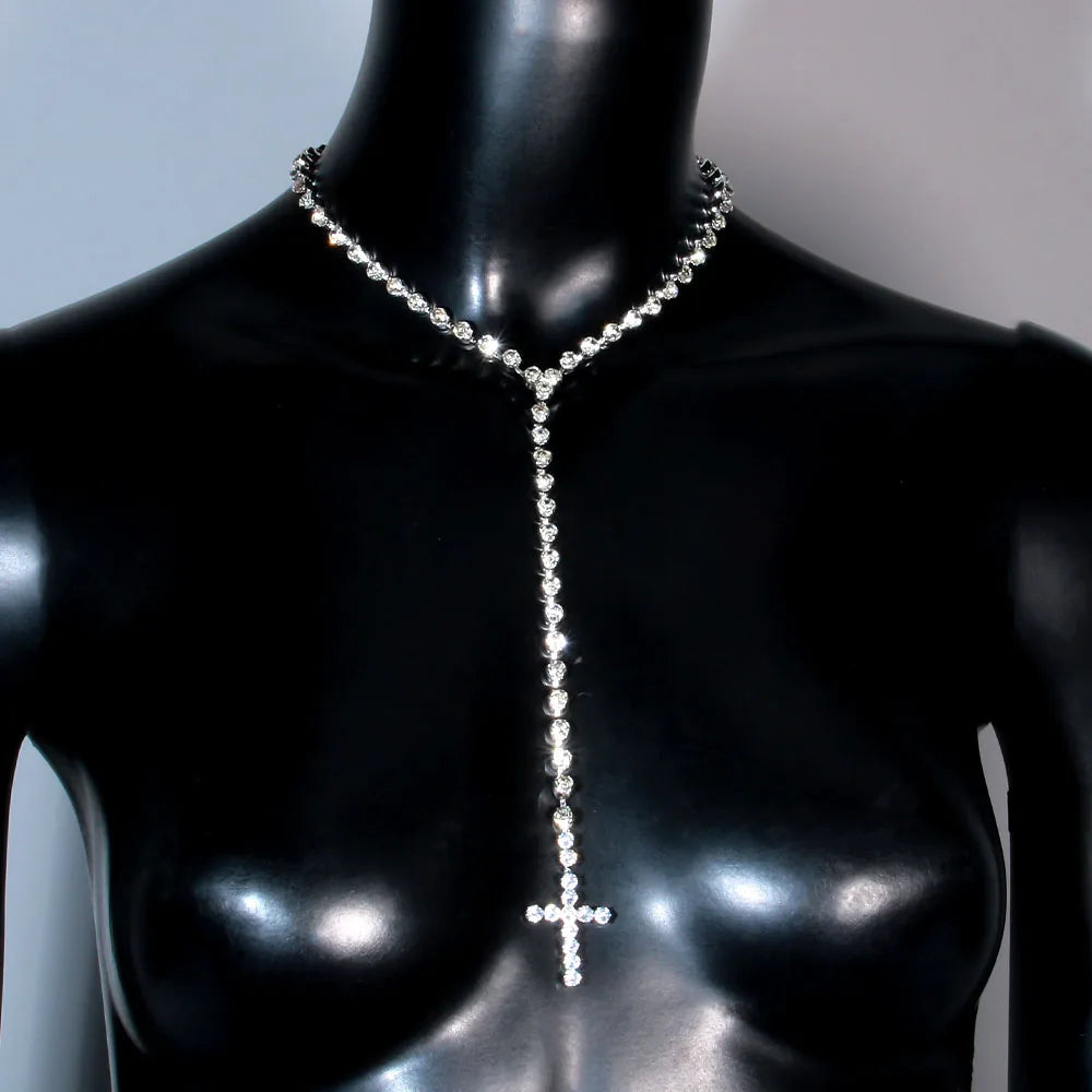 Bling Rhinestone Big Cross Pendant Choker Necklace Dinner Jewelry for Women Crystal Charm Y Shape Necklace Collar Body Jewelry