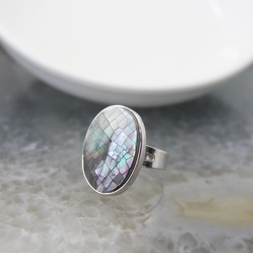 Natural Beautiful Abalone Shell Adjustable Rings, Pearl Classic round Shape Rings,Finger Rings Reiki Heal Geode Rings Jewelry