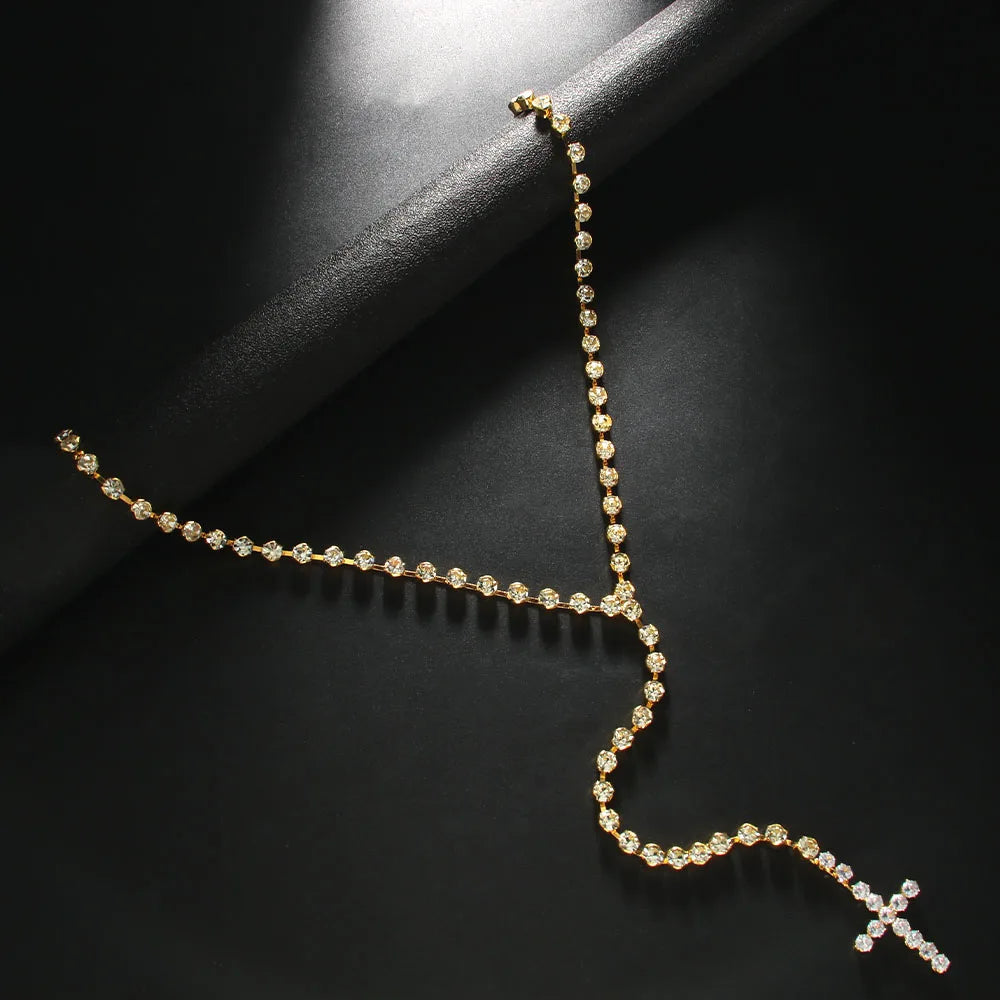 Bling Rhinestone Big Cross Pendant Choker Necklace Dinner Jewelry for Women Crystal Charm Y Shape Necklace Collar Body Jewelry