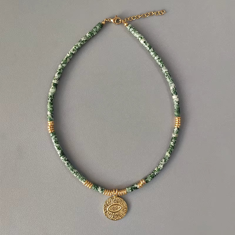 Hand-Made Natural Stone Beaded Necklace Men Women Ethnic Retro Charm Short Jewelry Unique Pattern Stone Corrente Masculina 2021