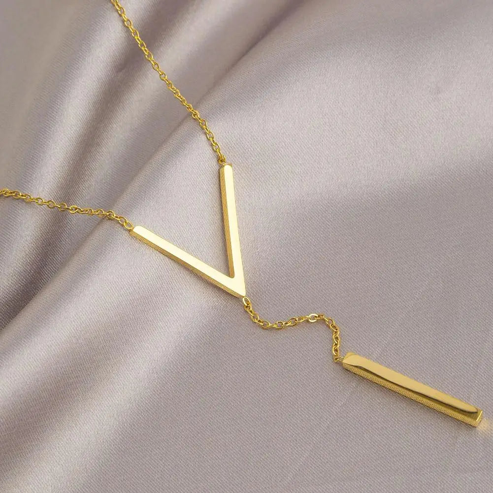 Gold-Color Steel Long Bar Tassel Paragraph Collarbone Minimalist Shaped Holiday Necklace Female Party V Necklace F1X3