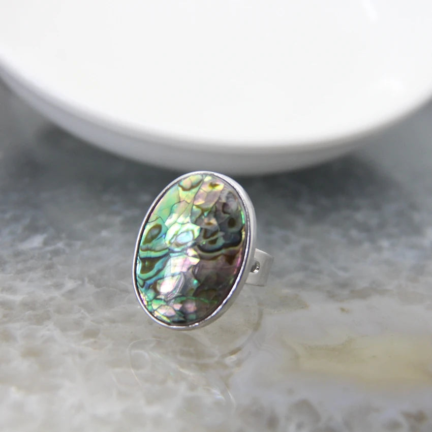 Natural Beautiful Abalone Shell Adjustable Rings, Pearl Classic round Shape Rings,Finger Rings Reiki Heal Geode Rings Jewelry