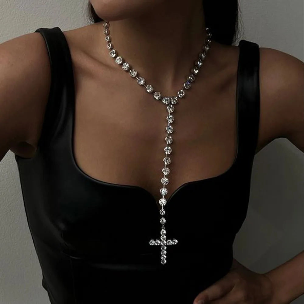 Bling Rhinestone Big Cross Pendant Choker Necklace Dinner Jewelry for Women Crystal Charm Y Shape Necklace Collar Body Jewelry