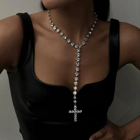 Bling Rhinestone Big Cross Pendant Choker Necklace Dinner Jewelry for Women Crystal Charm Y Shape Necklace Collar Body Jewelry