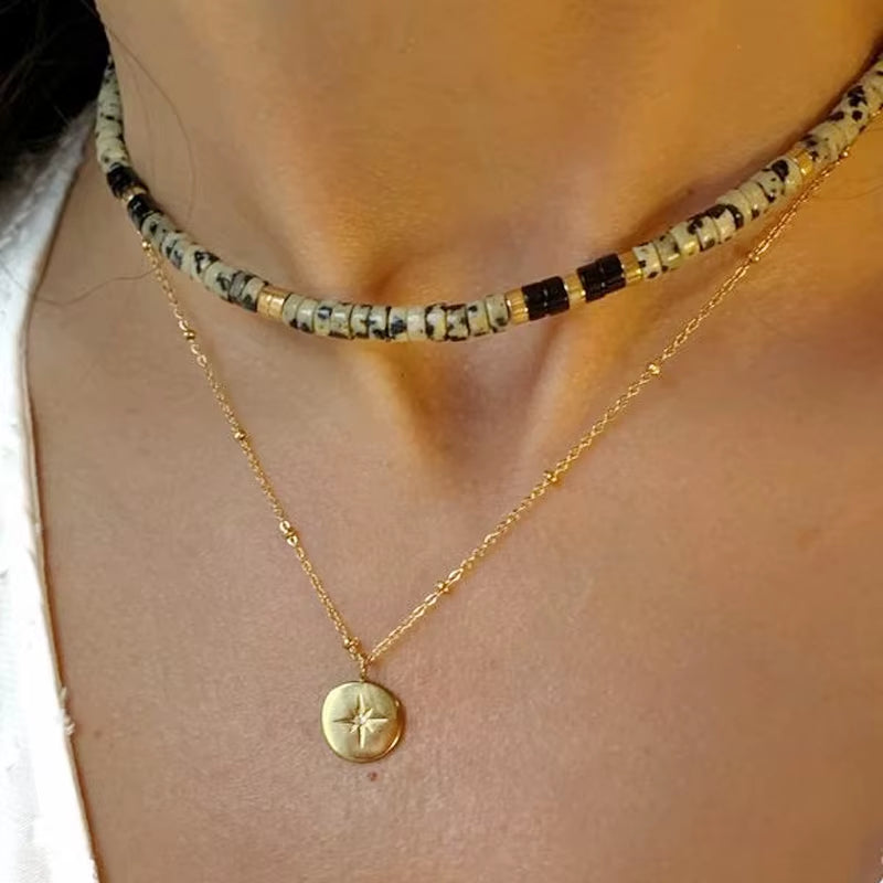 Hand-Made Natural Stone Beaded Necklace Men Women Ethnic Retro Charm Short Jewelry Unique Pattern Stone Corrente Masculina 2021