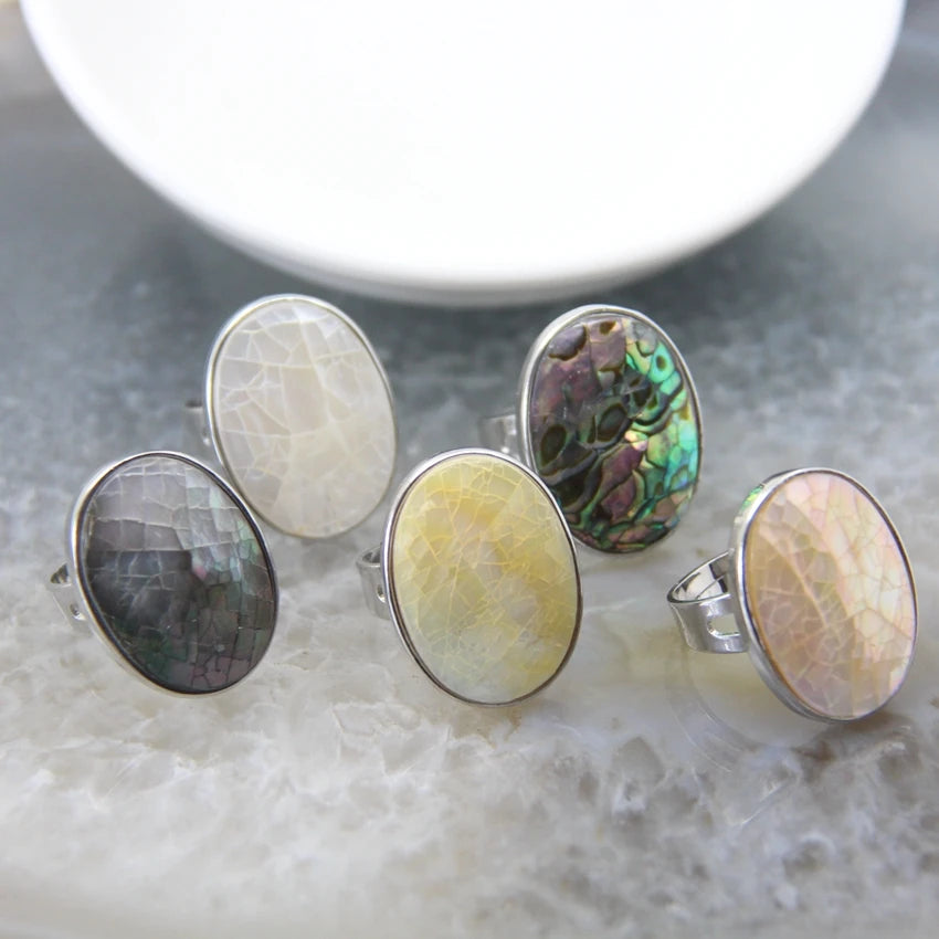 Natural Beautiful Abalone Shell Adjustable Rings, Pearl Classic round Shape Rings,Finger Rings Reiki Heal Geode Rings Jewelry