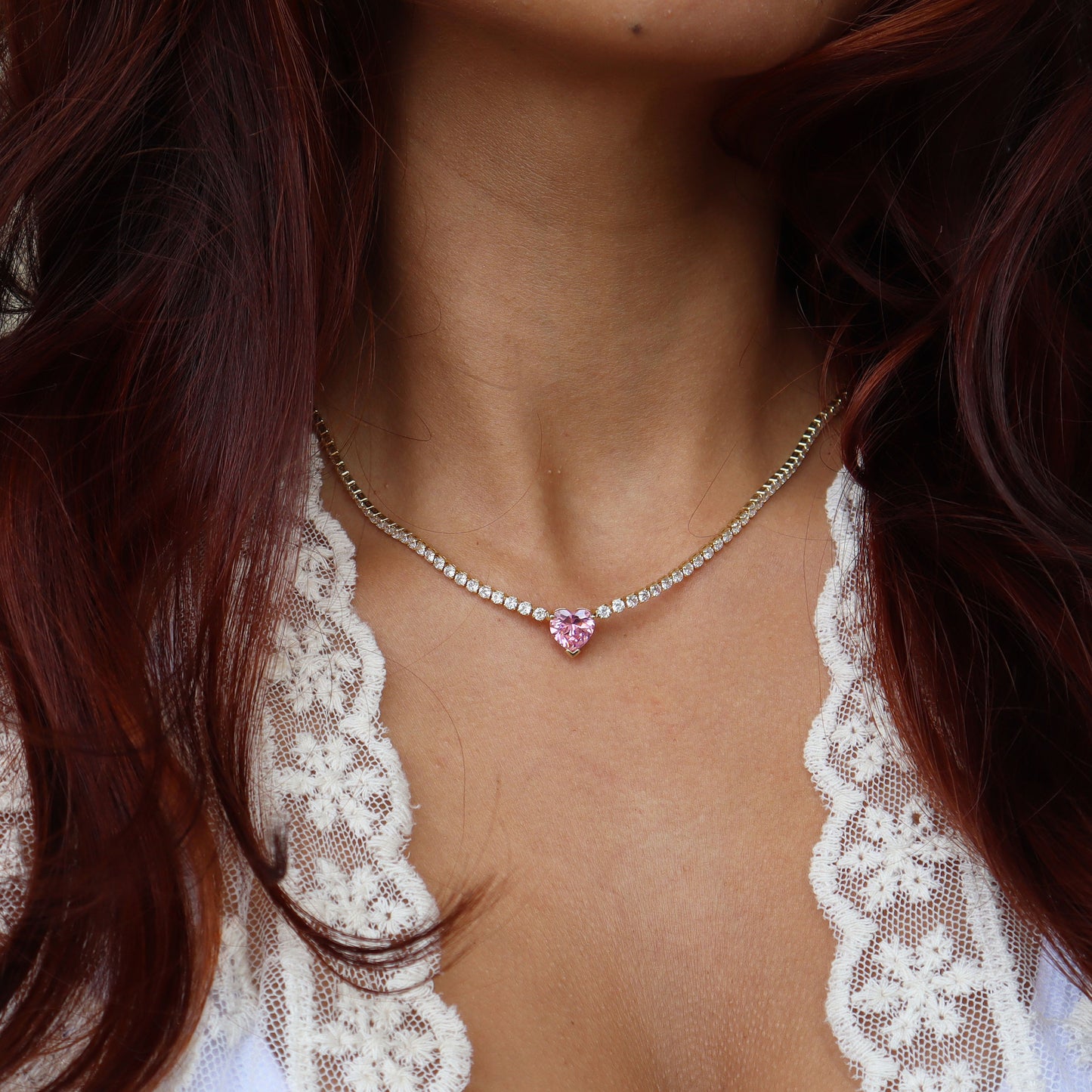 Coquette Pink Heart Necklace: 14K Gold Plated Cubic Zirconia