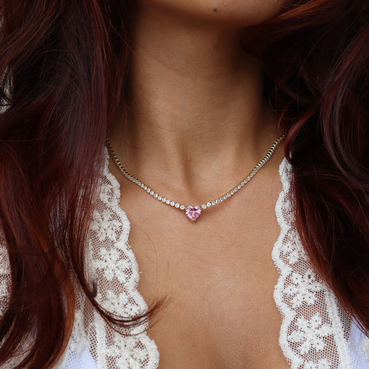 Coquette Pink Heart Necklace: 14K Gold Plated Cubic Zirconia