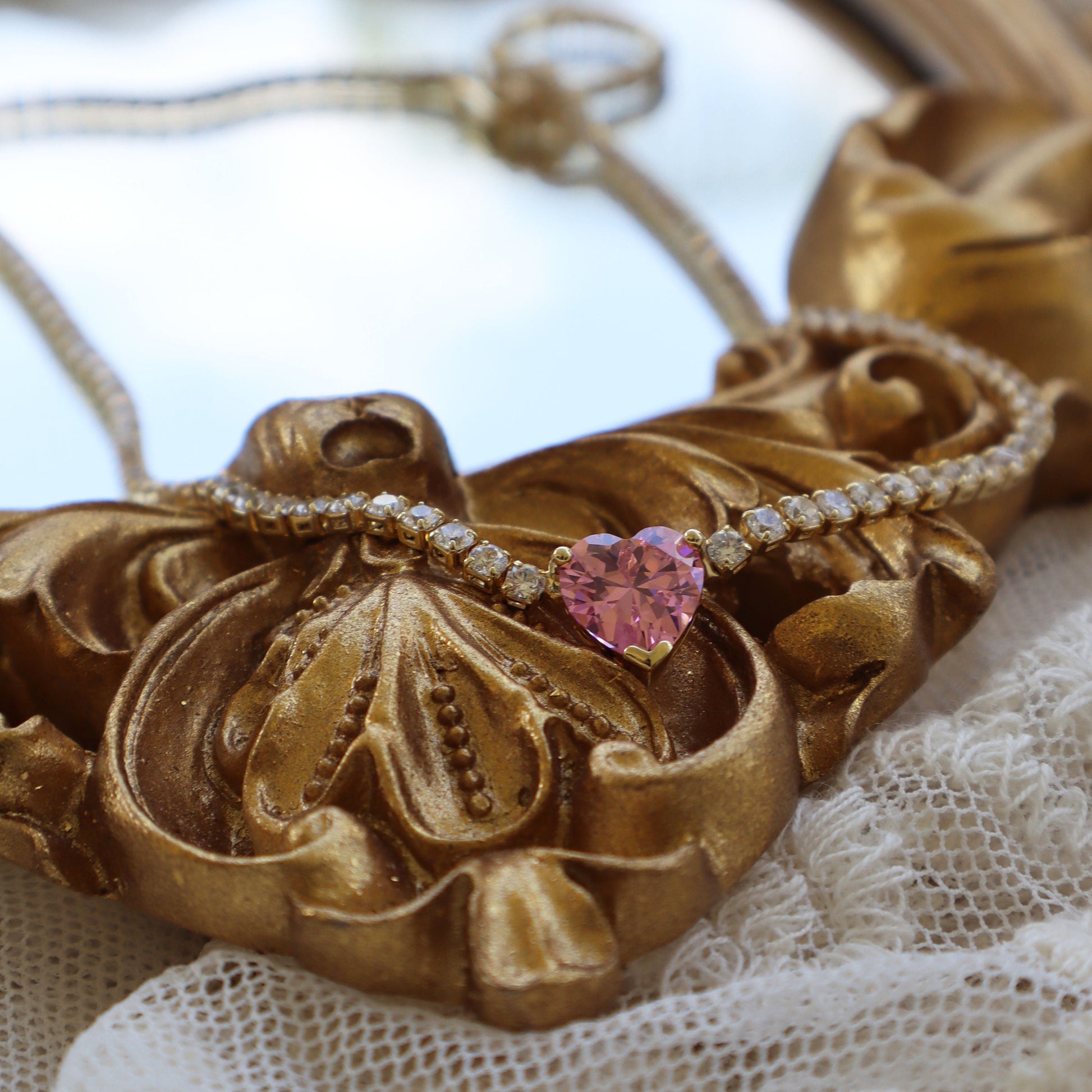 Coquette Pink Heart Necklace: 14K Gold Plated Cubic Zirconia