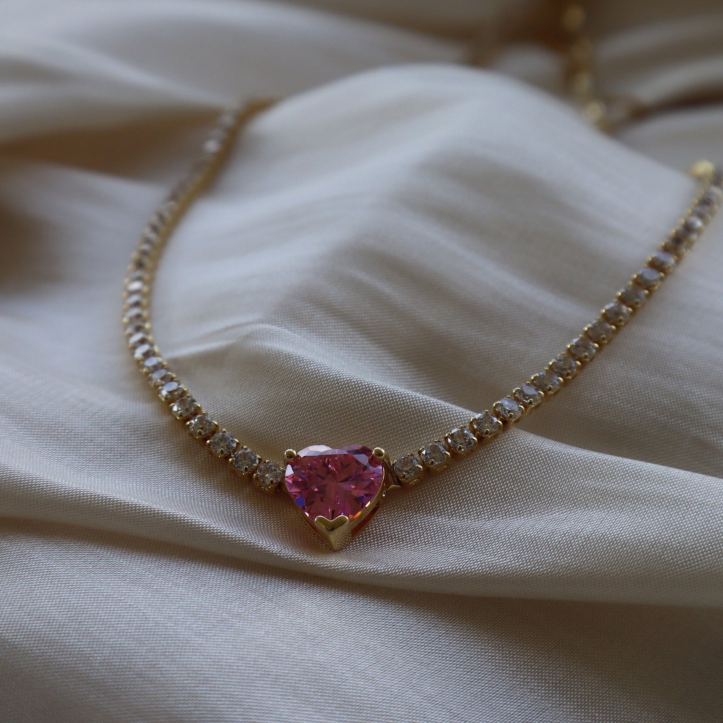 Coquette Pink Heart Necklace: 14K Gold Plated Cubic Zirconia