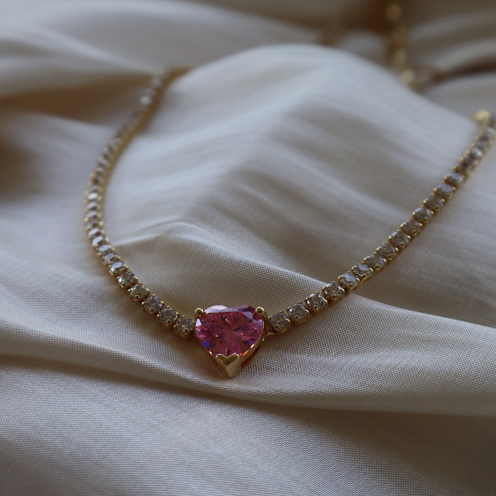 Coquette Pink Heart Necklace: 14K Gold Plated Cubic Zirconia