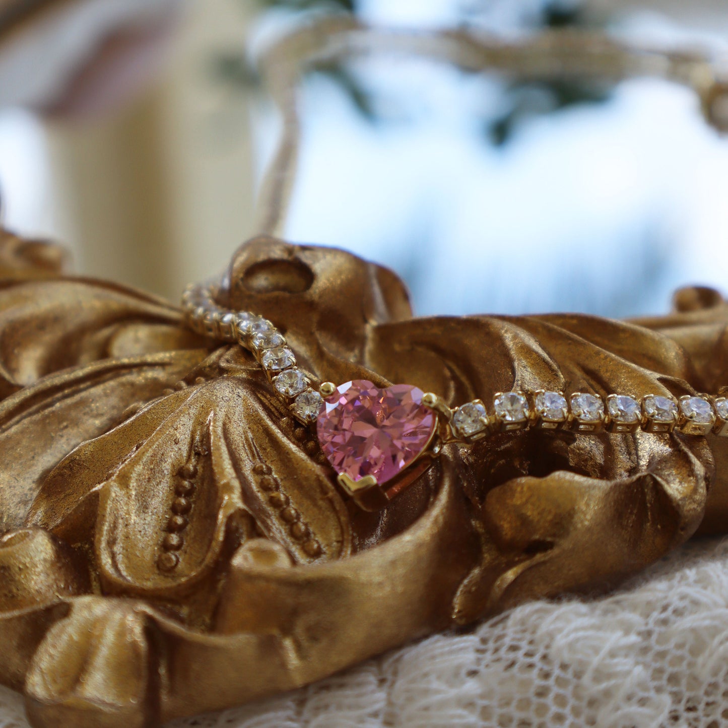 Coquette Pink Heart Necklace: 14K Gold Plated Cubic Zirconia