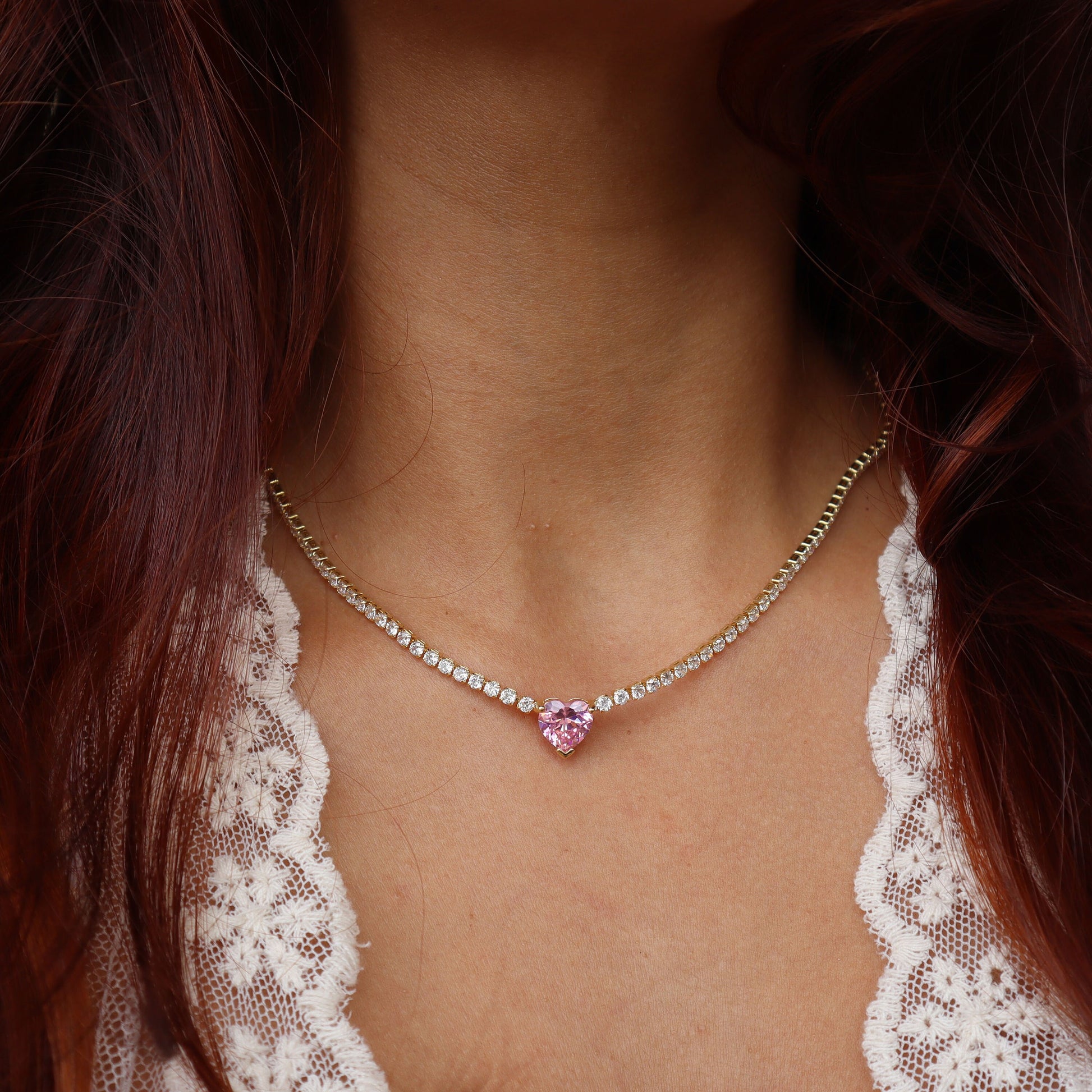 Coquette Pink Heart Necklace: 14K Gold Plated Cubic Zirconia